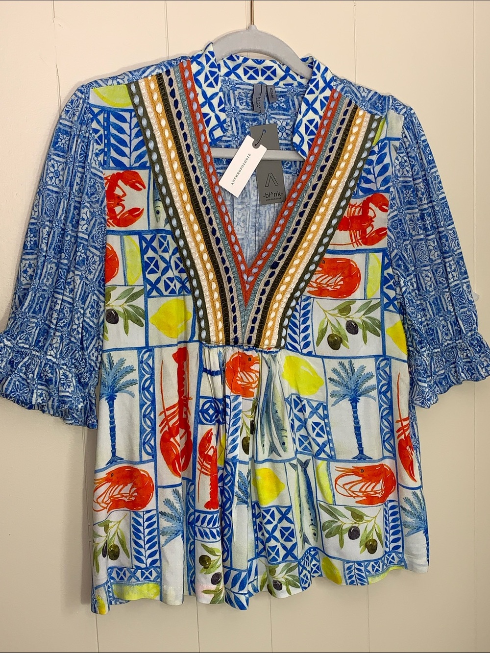 Anthropologie BLUE TILE LOBSTER 🦞 PRINT V-Neck Tunic